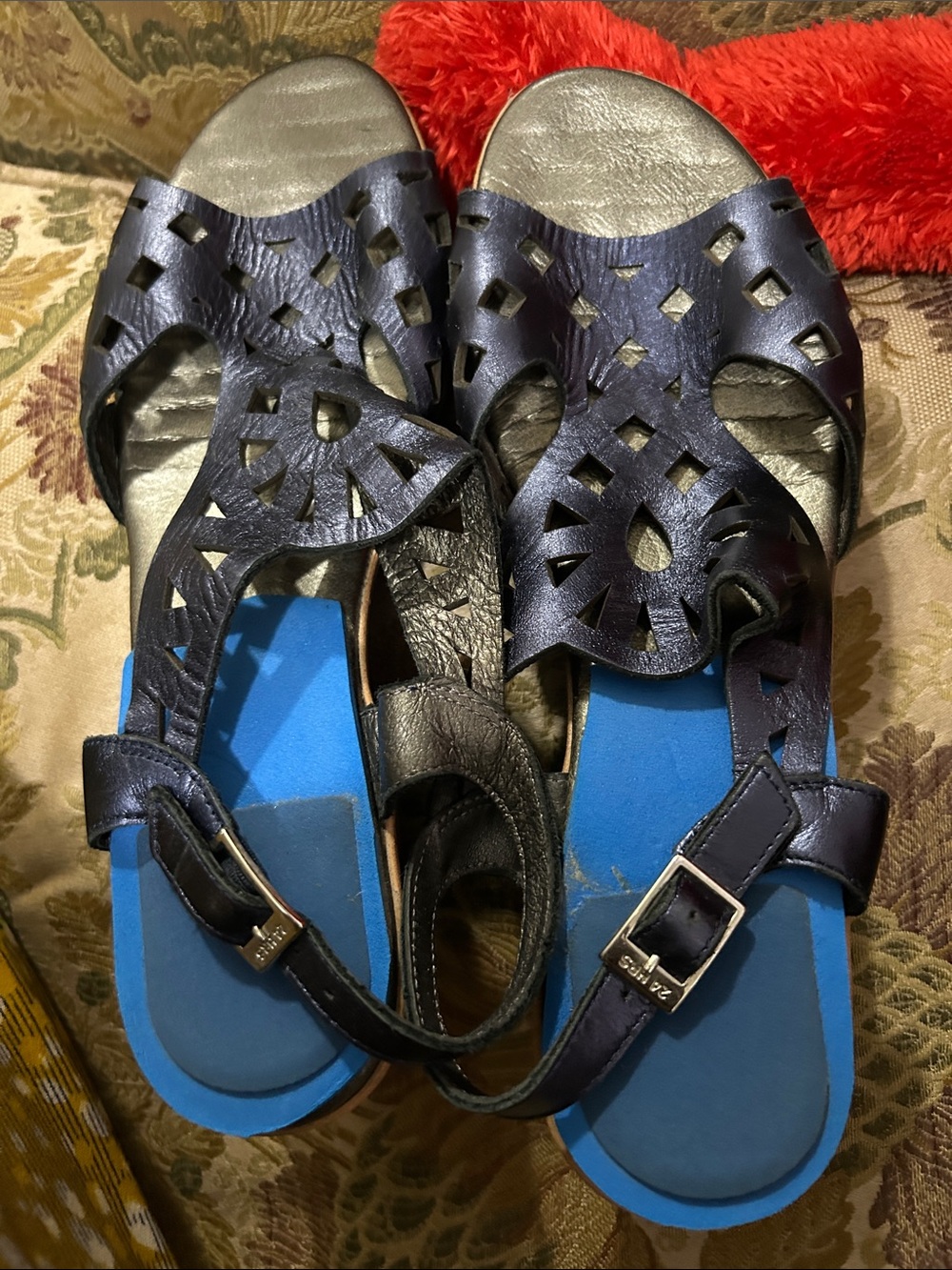 Women's Navy Laser-Cut Leather Sandals with Adjustable Strap it’s leather soft